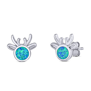 Deer Stud Earring Created Blue Opal Solid 925 Sterling Silver (7.4mm)